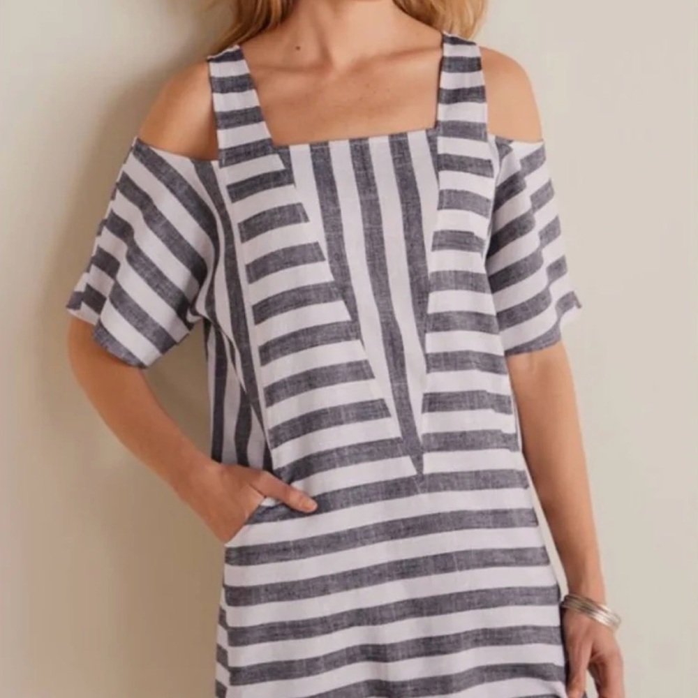 Soft Surroundings Petite Sunset Park Striped Cold Shoulder Linen Top Boho Summer
